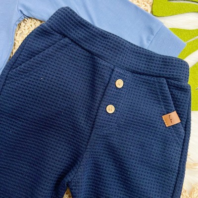 Conj. Blusa Manga Longa Baby Bear e Calça Malha Waffle - Azul Marinho